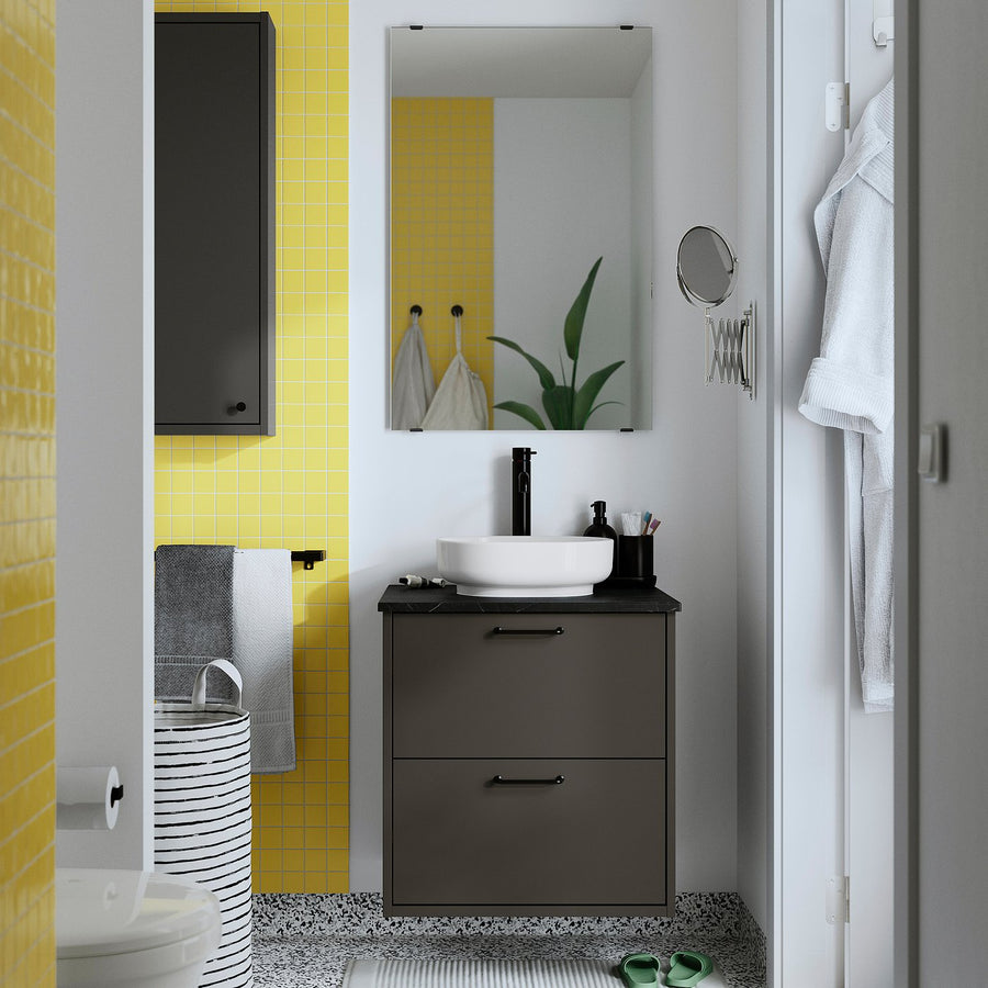 HAVBÄCK / VINDELÄLVEN wash-stnd w drawers/wash-basin, dark grey/black marble effect, 62x49x77 cm