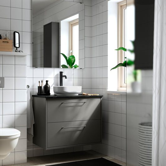 HAVBÄCK / VINDELÄLVEN wash-stnd w drawers/wash-basin, dark grey/black marble effect, 82x49x77 cm