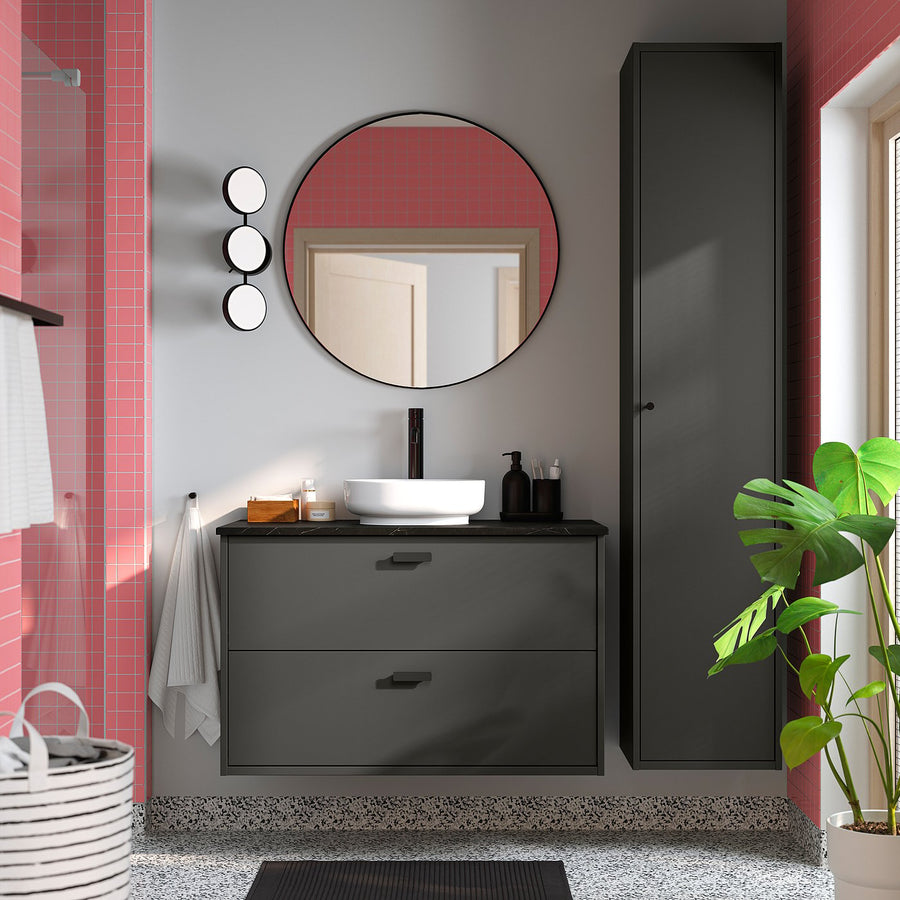 HAVBÄCK / VINDELÄLVEN wash-stnd w drawers/wash-basin, dark grey/black marble effect, 102x49x77 cm