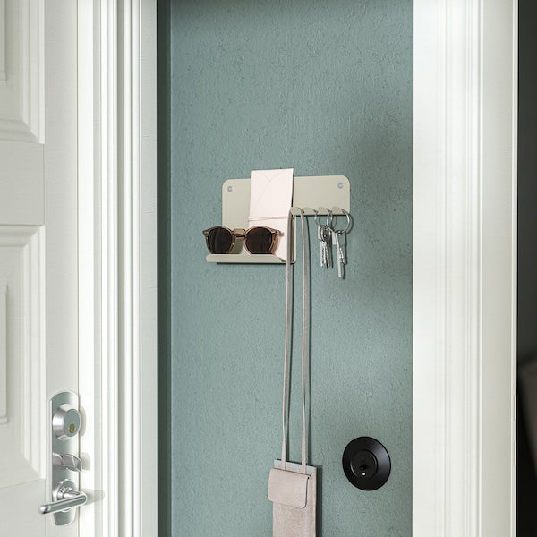 HAVREKROSS - Wall organiser w hooks, light grey-beige, 23x13 cm