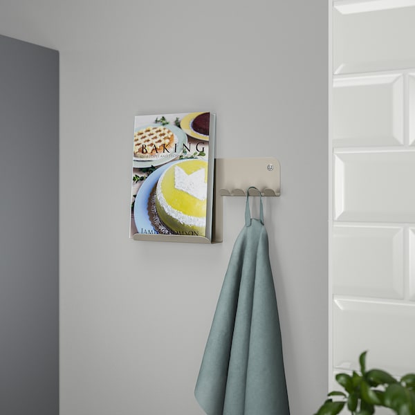 HAVREKROSS - Wall organiser w hooks, light grey-beige, 23x13 cm