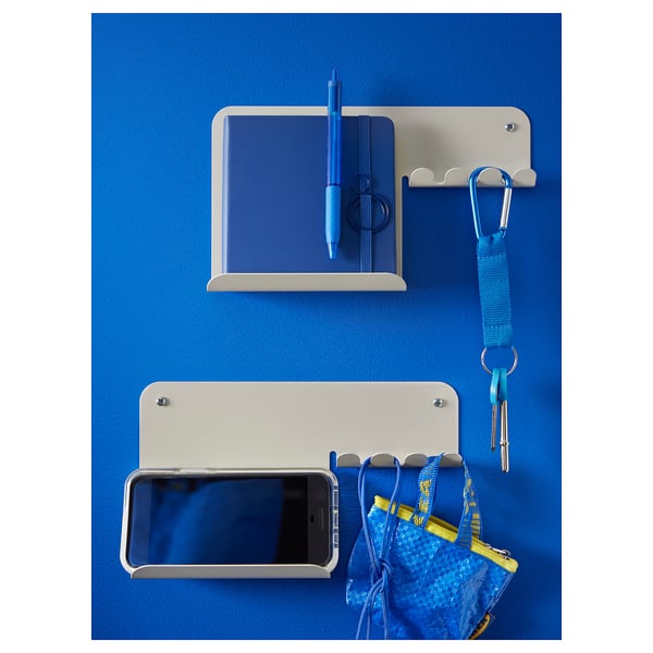HAVREKROSS wall organiser w hooks, light grey-beige, 23x13 cm