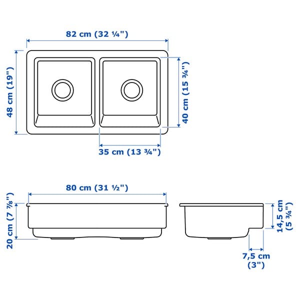 Ikea HAVSEN - Sink 2 front visible bowls, white, 82x48 cm