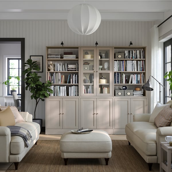 HAVSTA - HAVSTA Storage combination w glass doors, grey-beige, 243x47x212 cm