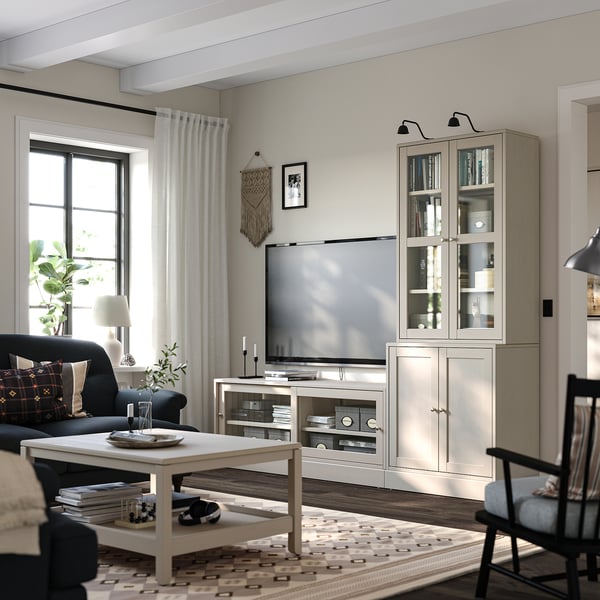 HAVSTA - HAVSTA TV storage combination/glass doors, grey-beige, 241x47x212 cm