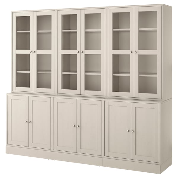 HAVSTA - Cabinet with glass doors, grey-beige,243x47x212 cm