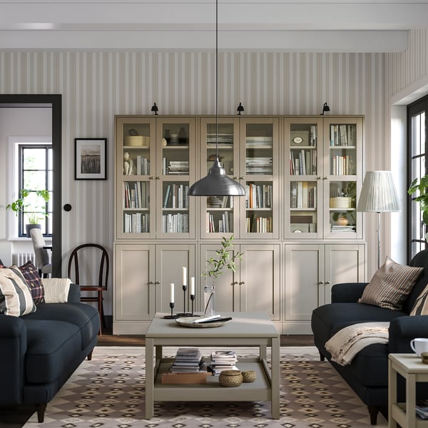 HAVSTA storage combination w glass-doors, grey-beige, 243x47x212 cm