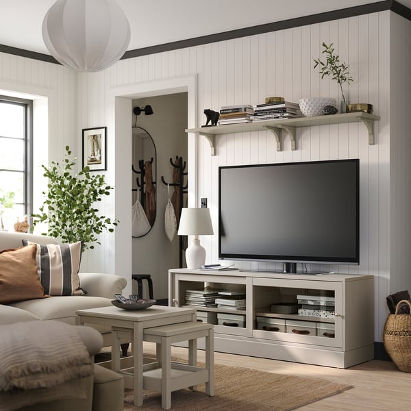 HAVSTA - HAVSTA TV bench with plinth, grey-beige, 160x47x62 cm
