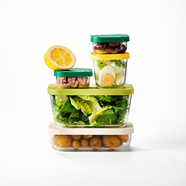 HAVSTOBIS food container with lid, set of 5, transparent/multicolour