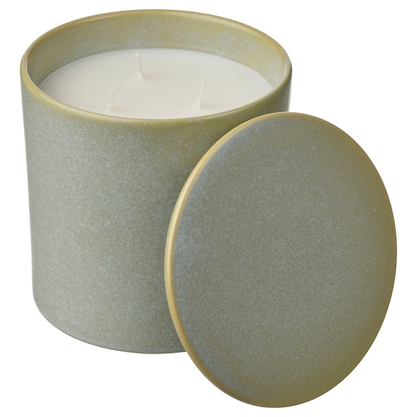 HEDERSAM - Scented candle in ceramic jar w lid, Fresh grass/light green, 60 hr