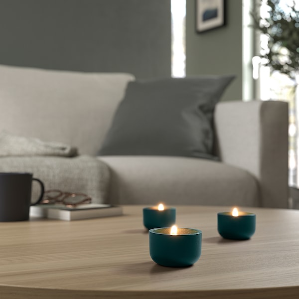 HEDERVÄRD - Tealight holder, dark turquoise, 3 cm