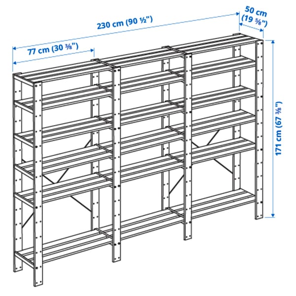 HEJNE 3 sections/shelves, pine, 230x50x171 cm