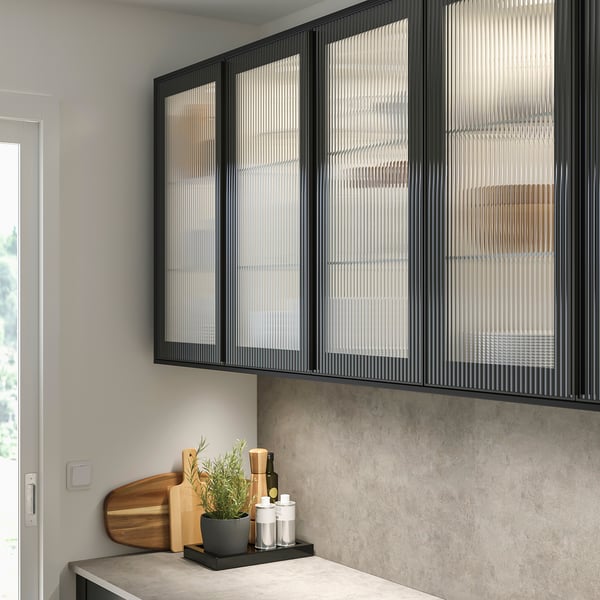 HEJSTA glass door, anthracite/reeded glass, 30x100 cm