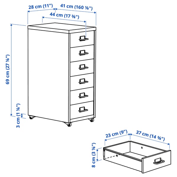 HELMER drawer unit on castors, white, 28x69 cm