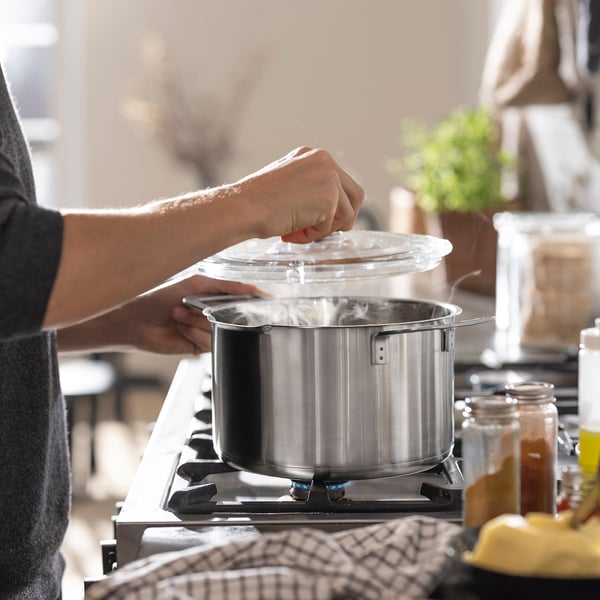 HEMKOMST - HEMKOMST Pot with lid, stainless steel/glass, 5 l