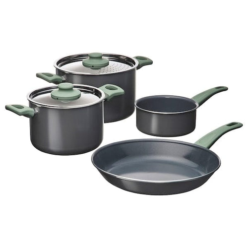 HEMLAGAD - 6-piece cookware set, non-stick coating light grey-green/grey