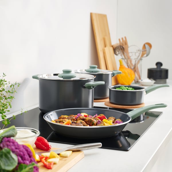 HEMLAGAD - 6-piece cookware set, non-stick coating light grey-green/grey