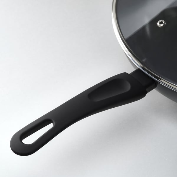 HEMLAGAD wok with lid, non-stick coating black, 28 cm