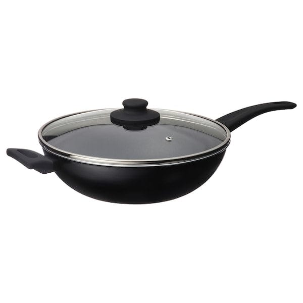 Ikea HEMLAGAD - Wok con coperchio, rivestimento antiaderente nero,28 cm