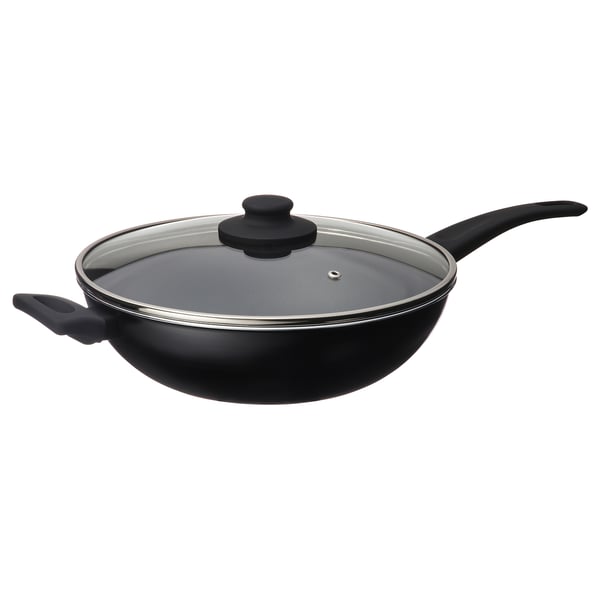 HEMLAGAD wok with lid, non-stick coating black, 28 cm