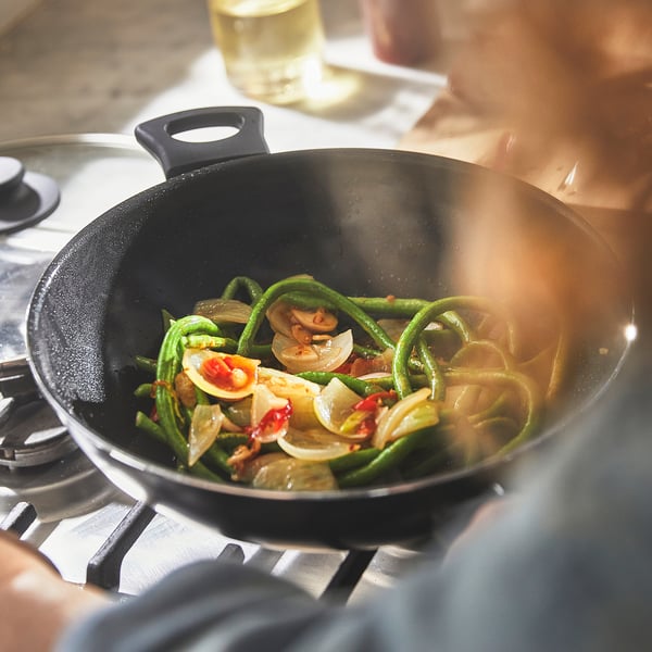 HEMLAGAD wok with lid, non-stick coating black, 28 cm
