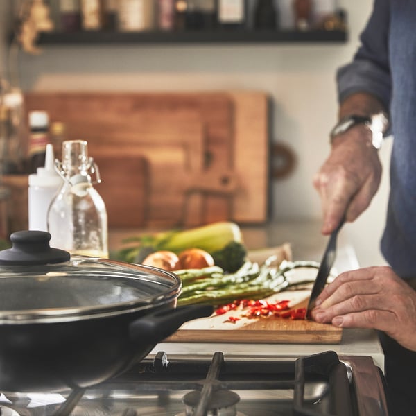 HEMLAGAD wok with lid, non-stick coating black, 28 cm