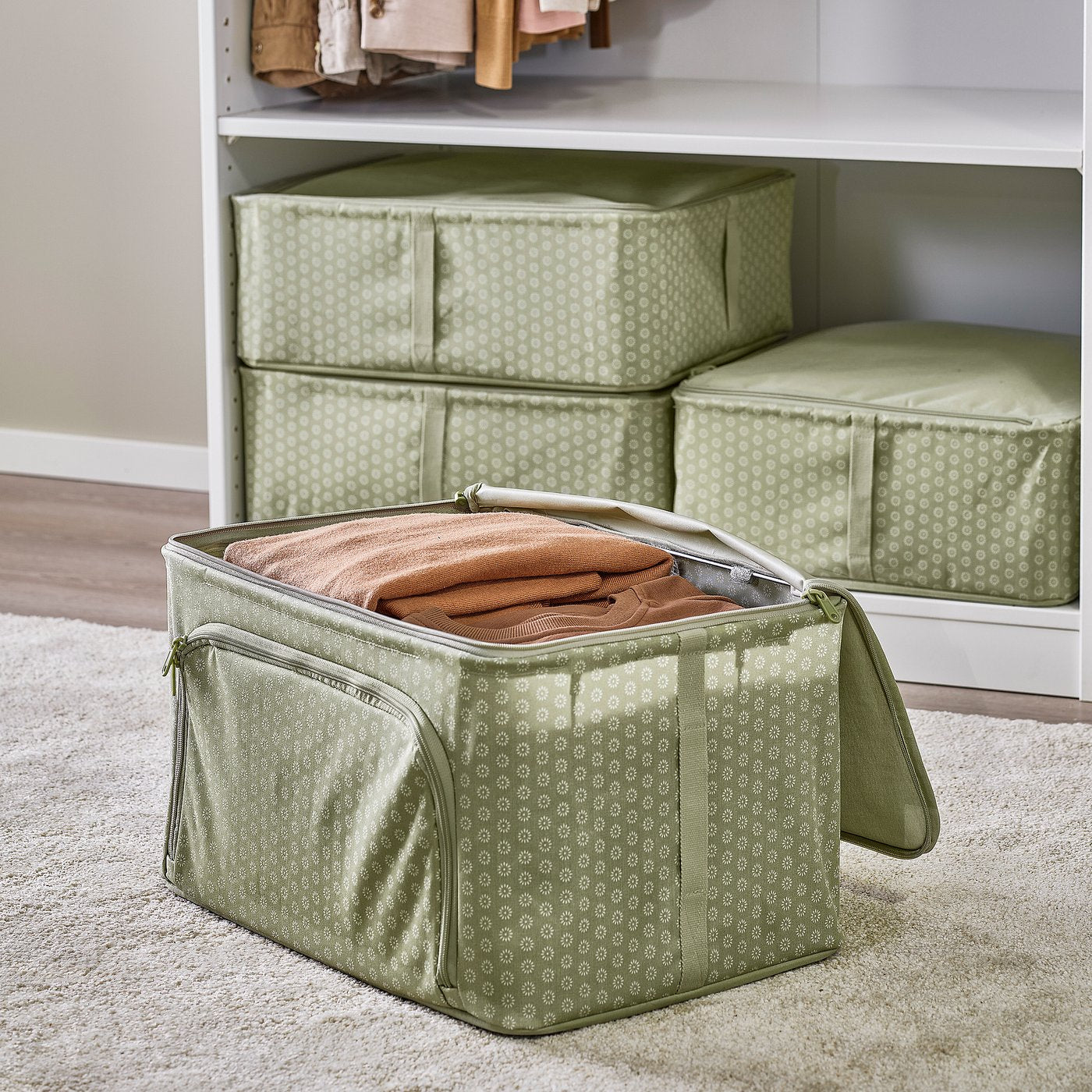 HEMMAFIXARE storage case, flower/pale grey-green, 34x51x28 cm