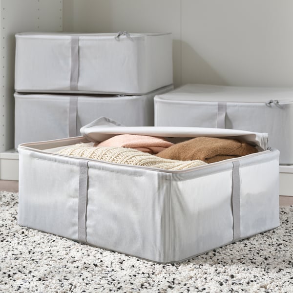 HEMMAFIXARE storage case, fabric striped/white/grey, 44x51x19 cm