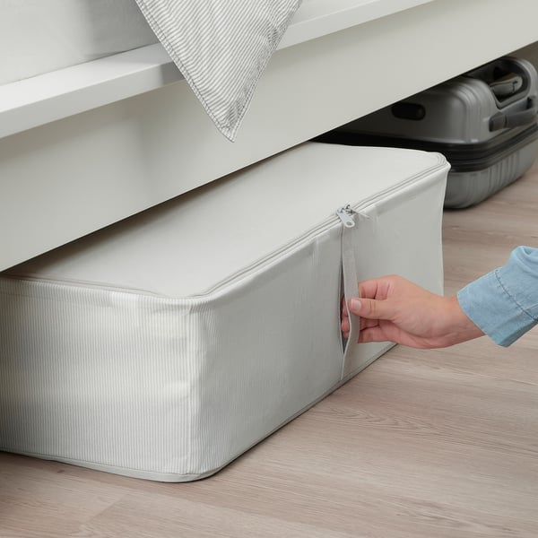 HEMMAFIXARE storage case, fabric striped/white/grey, 69x51x19 cm