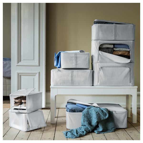 HEMMAFIXARE - Storage case, fabric striped/white/grey, 44x51x19 cm