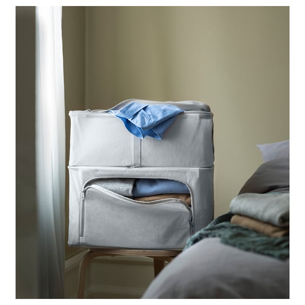 HEMMAFIXARE storage case, fabric striped/white/grey, 34x51x19 cm