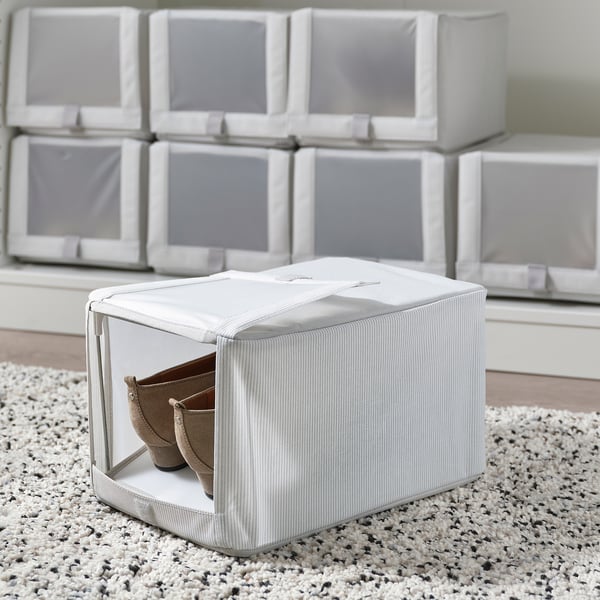 HEMMAFIXARE shoe box, fabric striped/white/grey, 23x34x19 cm, 2 pack