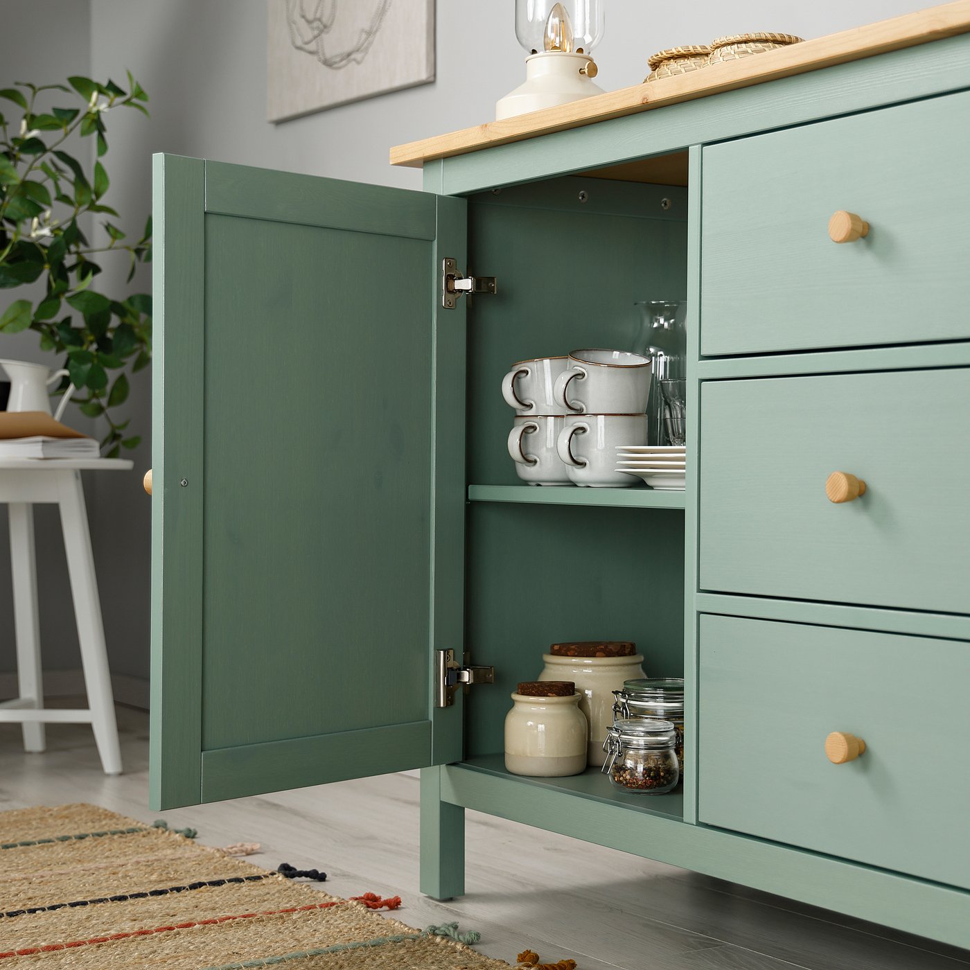 HEMNES sideboard, grey-green/light brown stained, 157x88 cm
