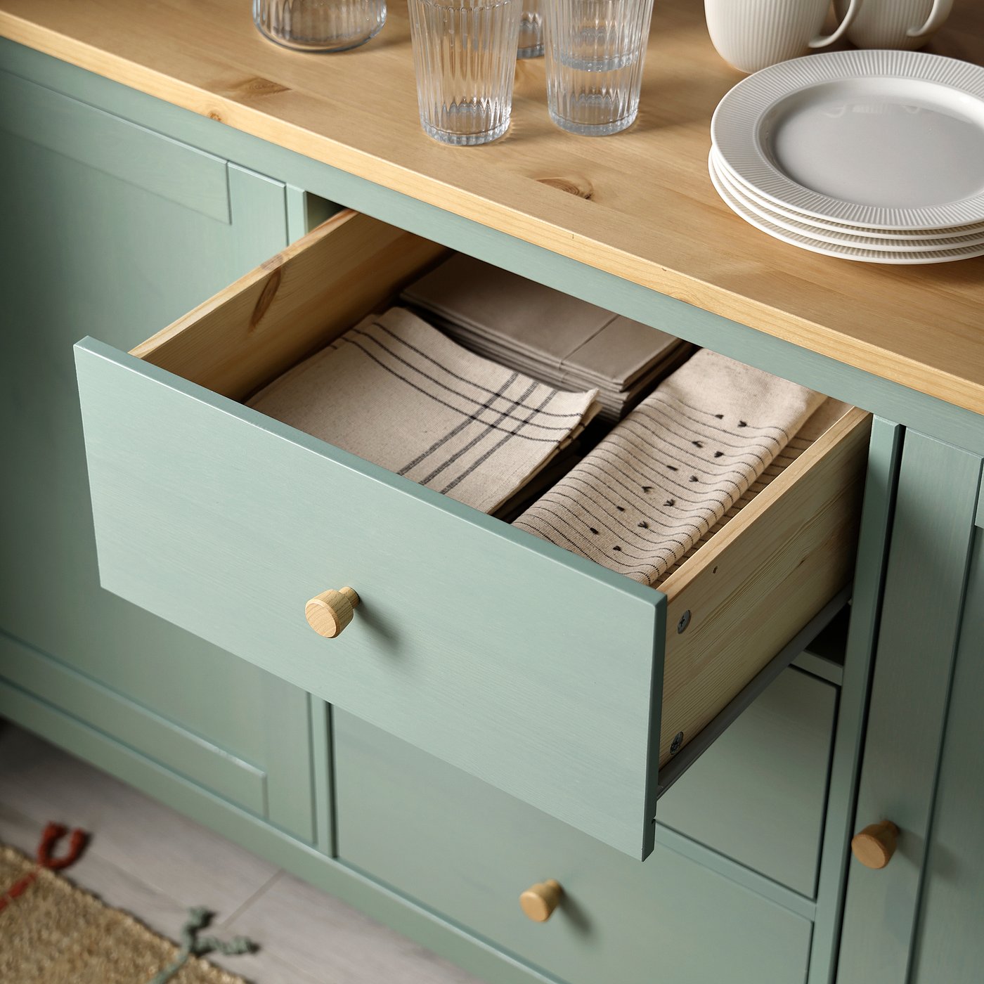 HEMNES sideboard, grey-green/light brown stained, 157x88 cm