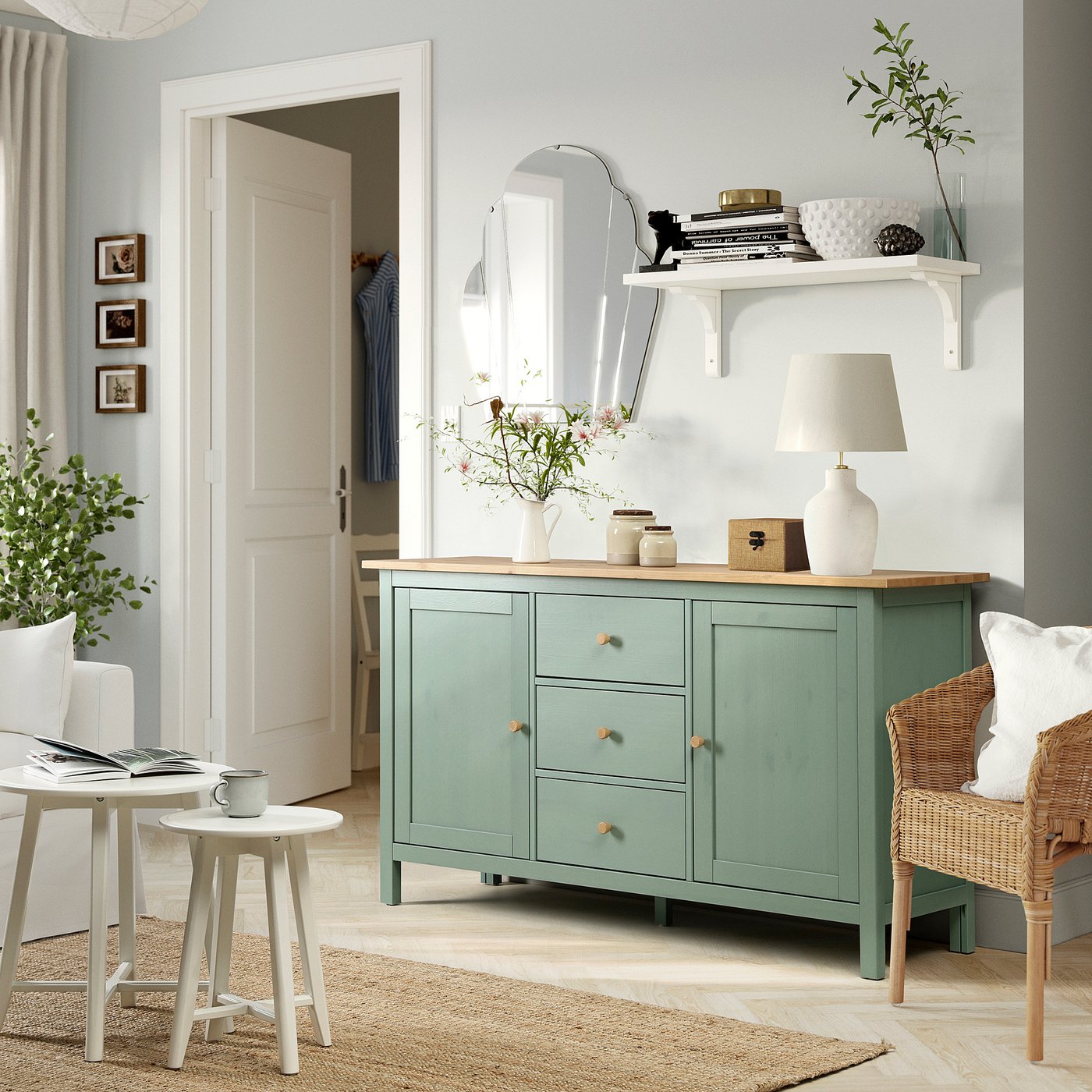 HEMNES sideboard, grey-green/light brown stained, 157x88 cm