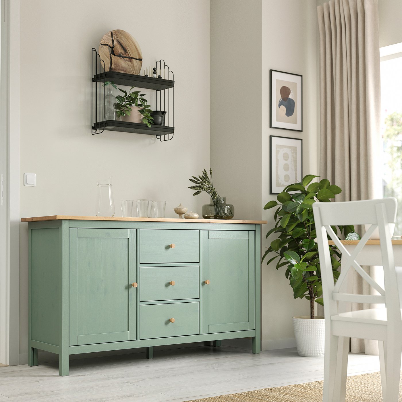 HEMNES sideboard, grey-green/light brown stained, 157x88x47 cm