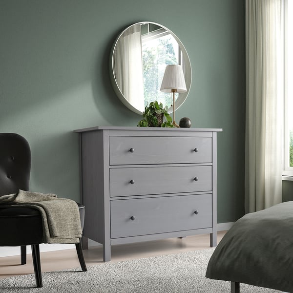 HEMNES chest of 3 drawers, grey stained, 108x96 cm