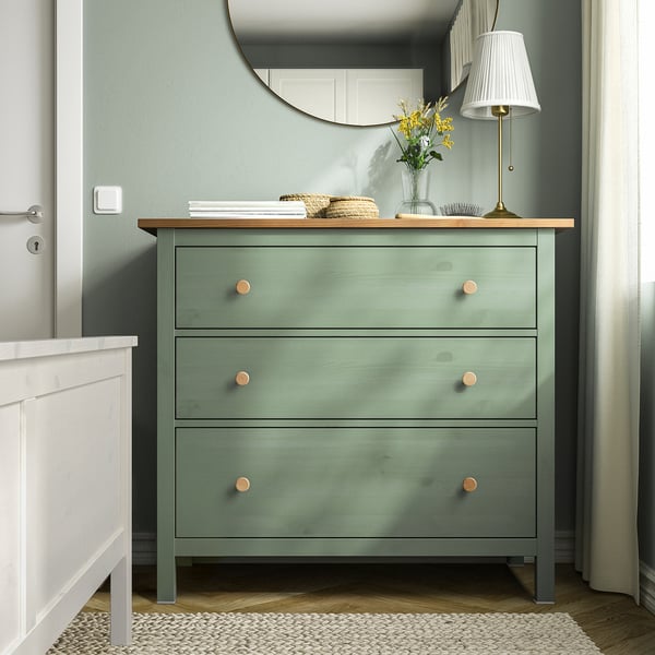 HEMNES chest of 3 drawers, grey-green/light brown stained, 108x96 cm