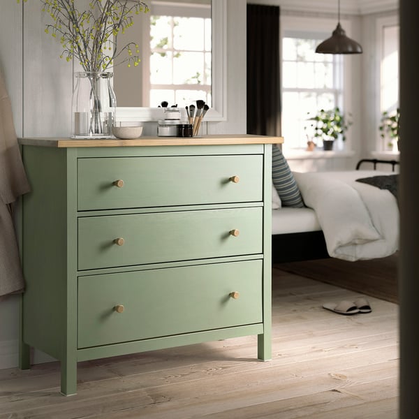 HEMNES chest of 3 drawers, grey-green/light brown stained, 108x96 cm