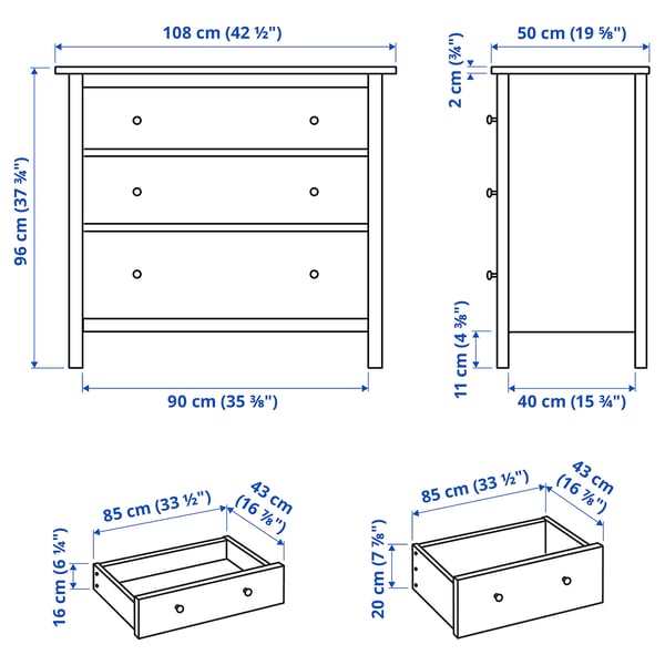 HEMNES chest of 3 drawers, white stain, 108x96 cm