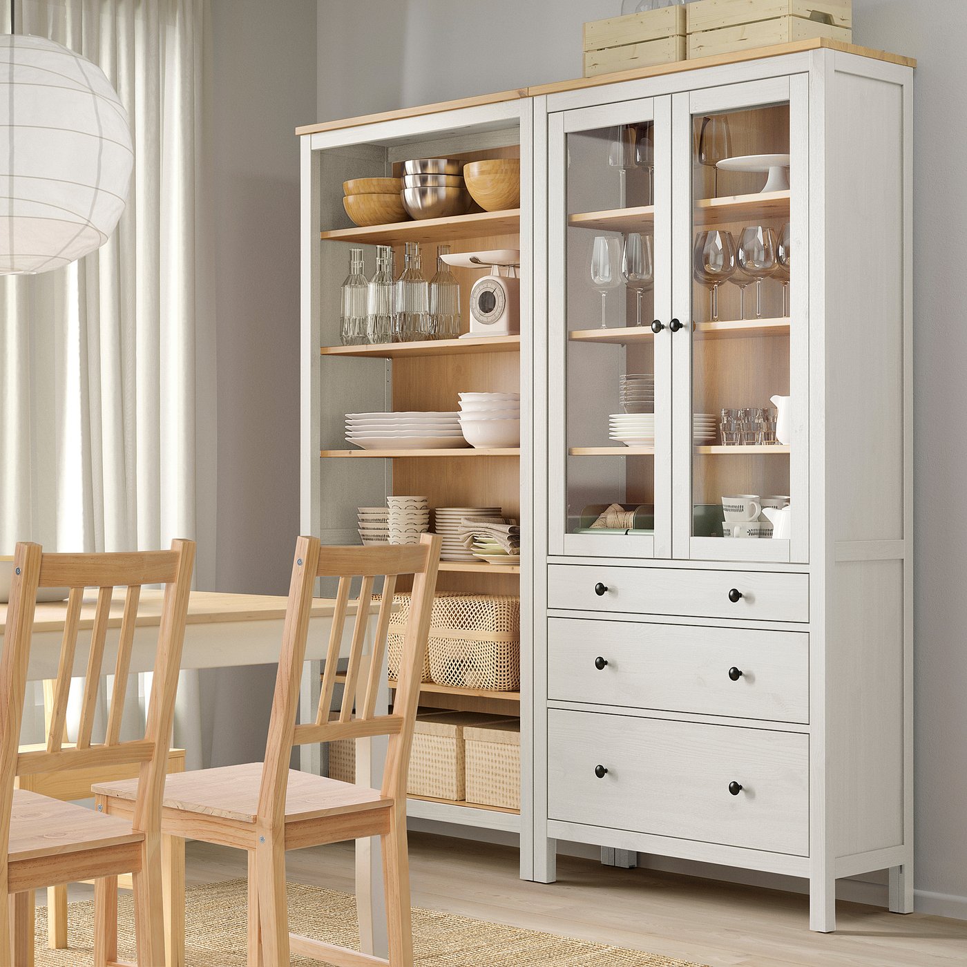 HEMNES storage combination w doors/drawers, white/light brown stained, 180x197 cm