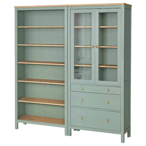 HEMNES - Storage combination w doors/drawers, grey-green/light brown stained, 180x197 cm