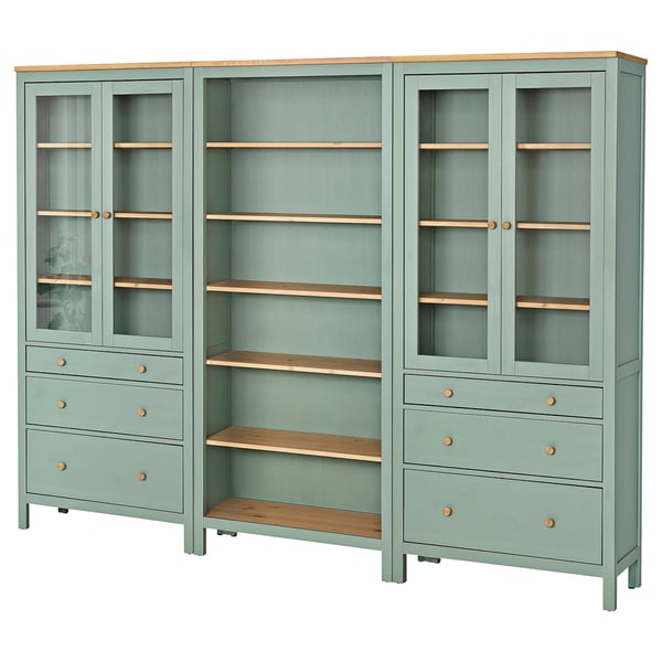 HEMNES storage combination w doors/drawers, grey-green/light brown stained, 270x197 cm
