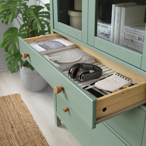 HEMNES storage combination w doors/drawers, grey-green/light brown stained, 270x197 cm