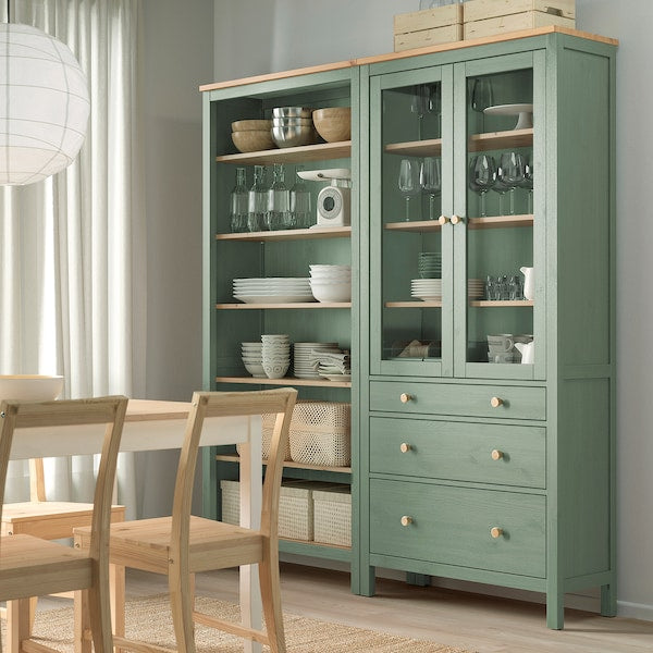 HEMNES - Storage combination w doors/drawers, grey-green/light brown stained, 180x197 cm