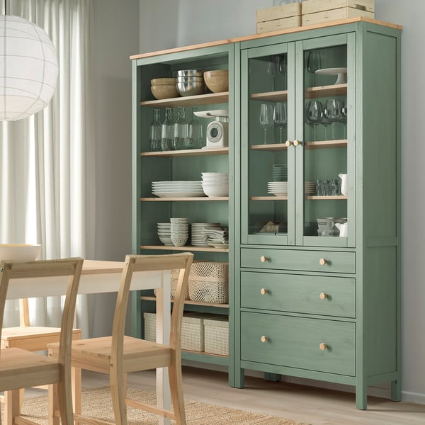 HEMNES - Storage combination w doors/drawers, grey-green/light brown stained, 180x197 cm
