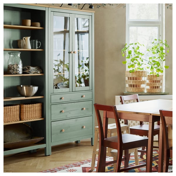 HEMNES storage combination w doors/drawers, grey-green/light brown stained, 180x197 cm