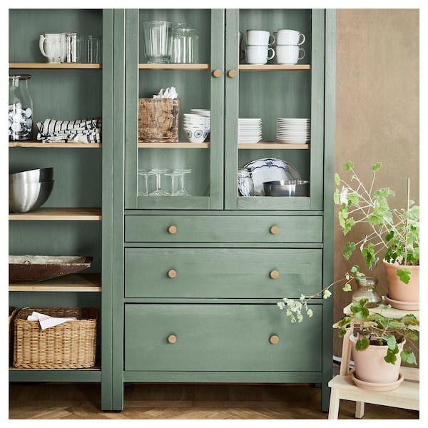 HEMNES storage combination w doors/drawers, grey-green/light brown stained, 270x197 cm