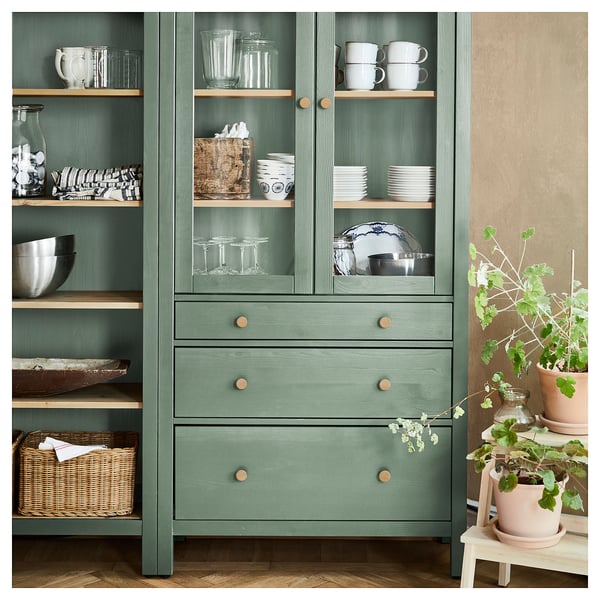 HEMNES storage combination w doors/drawers, grey-green/light brown stained, 270x197 cm