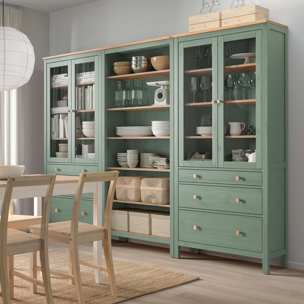 HEMNES storage combination w doors/drawers, grey-green/light brown stained, 270x197 cm